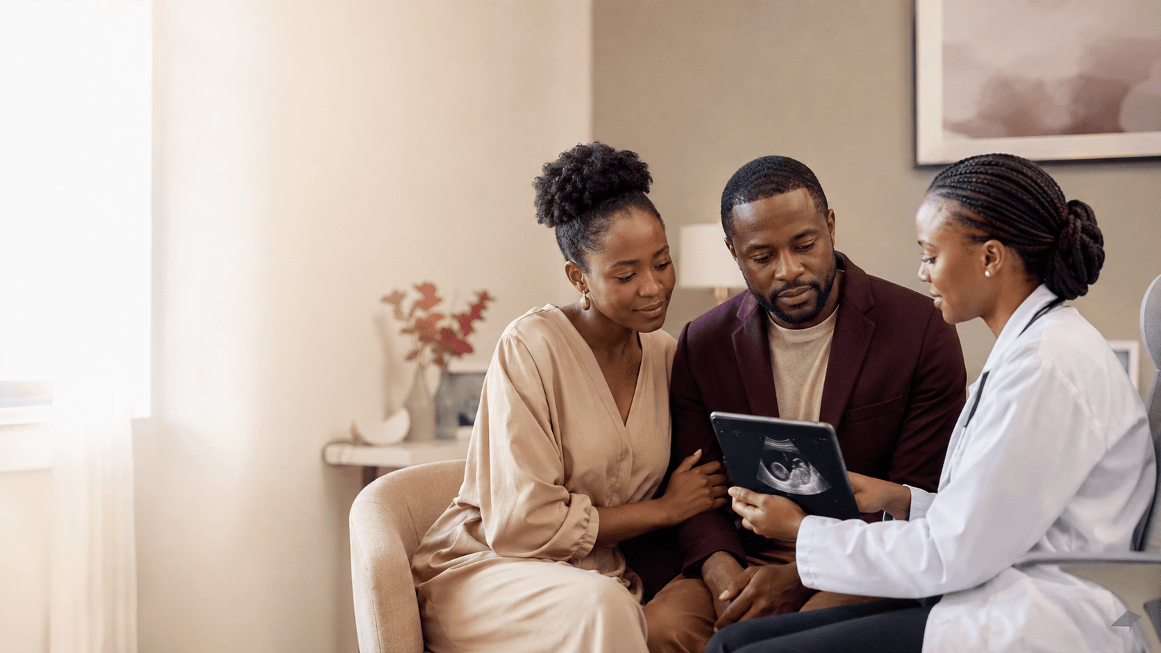 A couple discussing an ultrasound with a fertility doctor